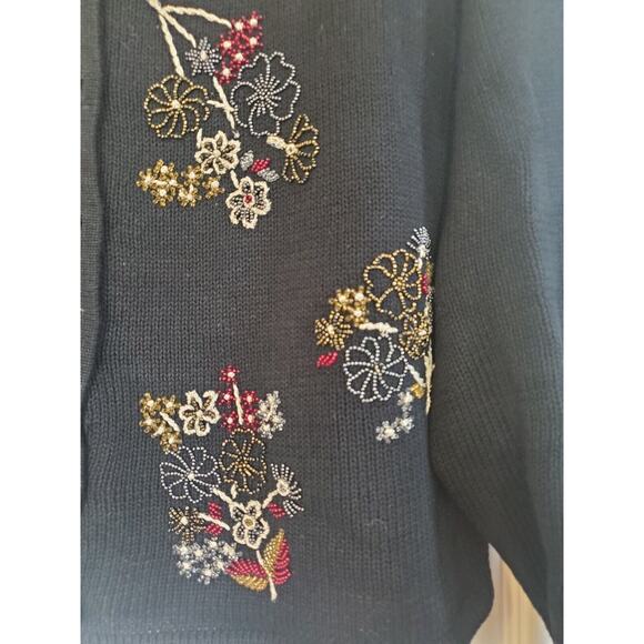 Dress Barn Black Beaded Floral Bouquets Boxy Holiday Cardigan Sweater Size Large - Picture 5 of 13